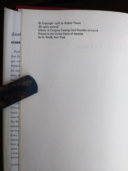 close up of copyright page in a 1958 copy of Anatomy of a Murder, 1st Edition & First Printing