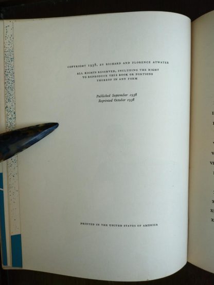 copyright page in a copy of Mr. Poppers Penguins 1938, 1st Edition, 2nd Printing by Richard & Florence Atwater