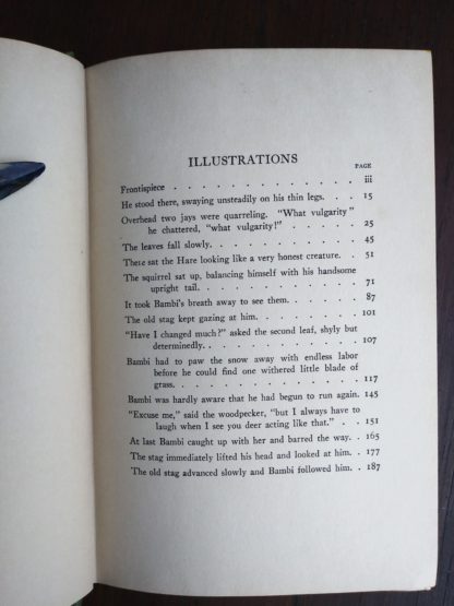 one of two pages of a List of Illustrations in a 1928 copy of Bambi A Life in the Woods