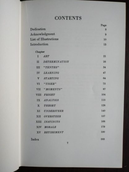 table of contents in a 1959 copy of the book, The Racing Driver by Denis Jenkinson