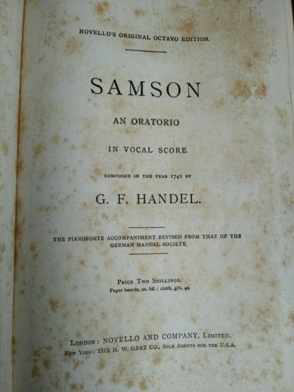 The title page in a copy of Samson, an Oratorio in Vocal Score, composed in 1742, by Handel