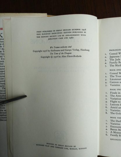 copyright page in a 1960 book club copy of The Time of the Dragons, by Alice Ekert-Rotholz