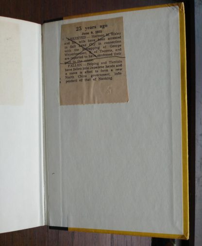 ephemera on back paste down in a 1960 book club copy of The Time of the Dragons, by Alice Ekert-Rotholz