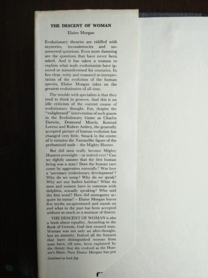 inside flap of the dust jacket on a 1972 copy of The Descent of Woman, by Elaine Morgan, First British Edition