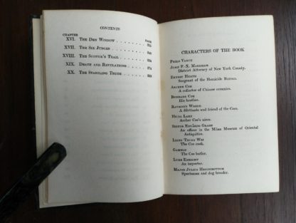page 1 of 2 of a List of Characters in a 1933 copy of The Kennel Murder Case by S. S. Van Dine