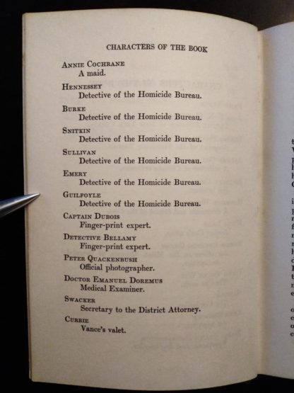 page 2 of 2 of a List of Characters in a 1933 copy of The Kennel Murder Case by S. S. Van Dine