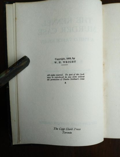 publication details in a 1933 copy of The Kennel Murder Case by S. S. Van Dine