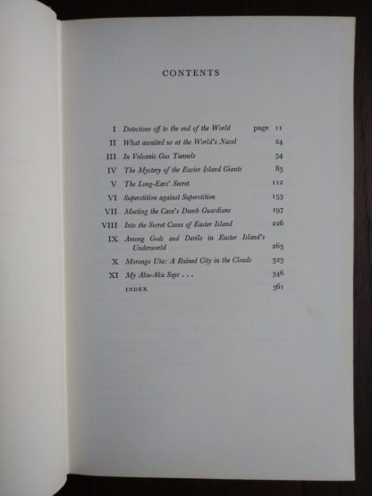 table of contents page in a 1958 First Edition of Aku-Aku, The Secret Of Easter Island
