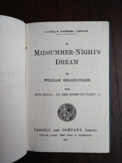 title page in a 1899 copy of A Midsummer-Nights Dream published by Cassell and Company, Limited