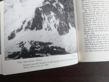 photograph of the Southeast Ridge inside a 1954 First edition copy of The Conquest of Everest by Sir John Hunt up close
