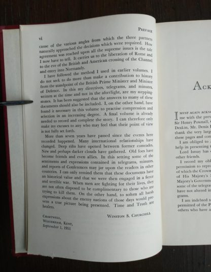 THE SECOND WORLD WAR by Winston Churchill 6 Volume first edition set 1948-1953 Preface page 2 of 2 in the fifth volume CLOSING THE RING