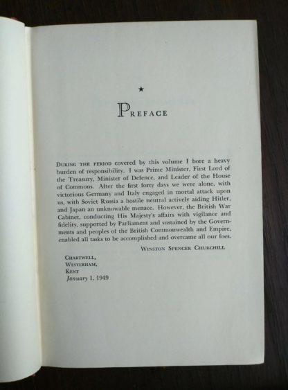 THE SECOND WORLD WAR by Winston Churchill 6 Volume first edition set 1948-1953 Preface page in the second volume THEIR FINEST HOUR
