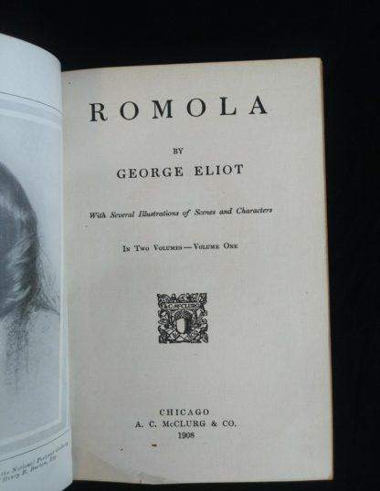 title page up close in a 1908 Leather bound RAMOLA by George Eliot published by McClurg & Co