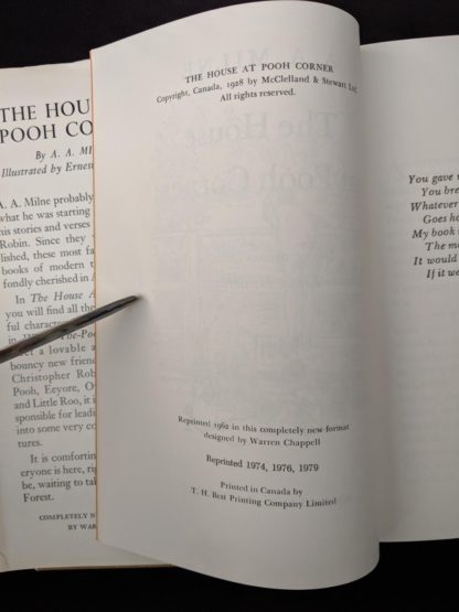 copyright page inside a 1979 copy of The House At Pooh Corner published in Canada by McClelland & Stewart Ltd