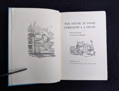 title page in a 1950 copy of The House at Pooh Corner by A.A. Milne. First Reissue Edition