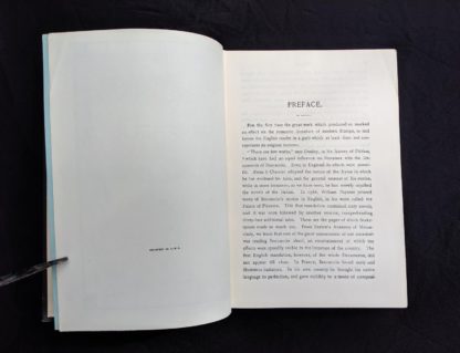 First page of the Preface in a copy of The Decameron of Boccaccio by Giovanni Boccaccio. Published by The Bibliophilist Society circa 1930s