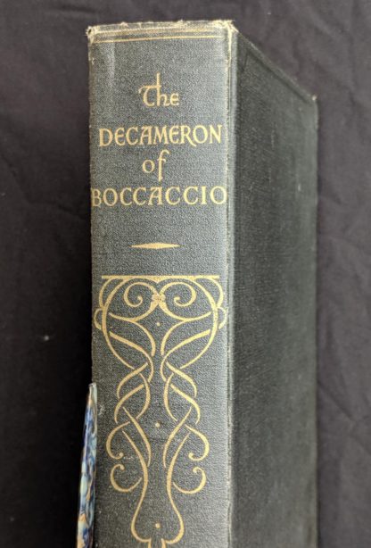 Spine view up close of The Decameron of Boccaccio by Giovanni Boccaccio. Published by The Bibliophilist Society circa 1930s