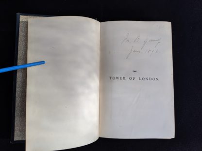 annotation on pre title page inside a 1880s copy of The Tower of London by Ainsworth