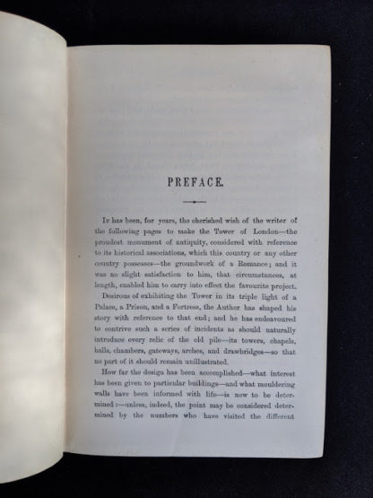 first page of the preface in a 1880s copy of The Tower of London by Ainsworth