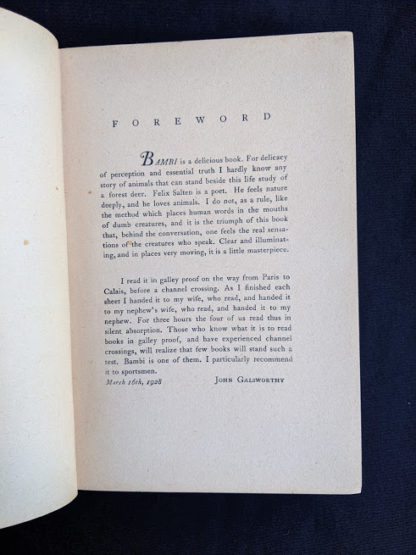 forward in a 1929 copy of Bambi by Felix Salten published by Grosset & Dunlap