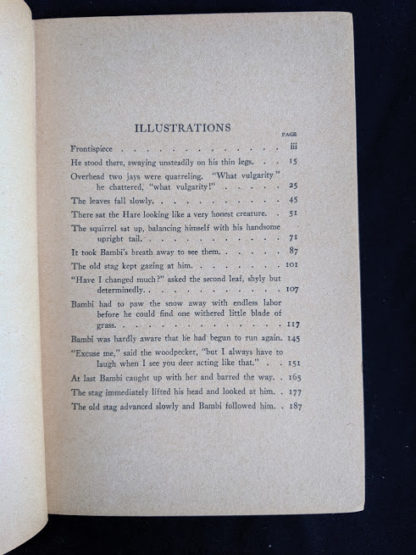 illustration page 1 of 2 in a 1929 copy of Bambi by Felix Salten published by Grosset & Dunlap