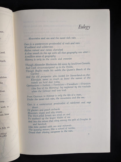 Eulogy pg 1 of 3 in a 1958 first edition copy of British Columbia -A Centennial Anthology