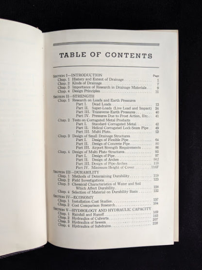 Table of Contents 1 of 2 in a 1950 copy of Handbook of Culvert & Drainage Practice - ARMCO Products