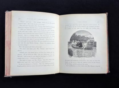 an illustration titled -In the Park - in a 1886 copy of A Brave Struggle - The Orphanes Inheritance by John S. Locke published by McLoughlin Brothers