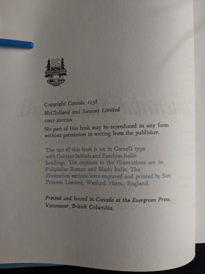 copyright page inside a 1958 first edition copy of British Columbia -A Centennial Anthology
