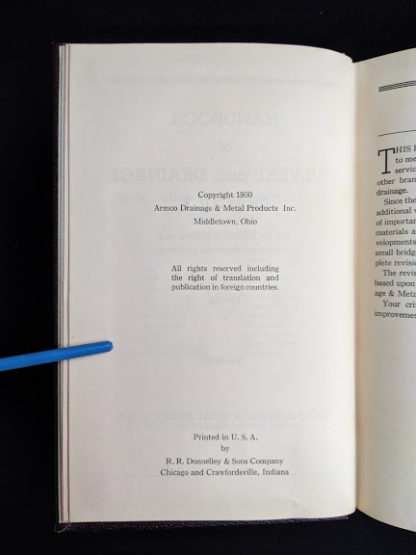 copyright up close in a 1950 copy of Handbook of Culvert & Drainage Practice - ARMCO Products