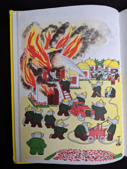 illustration of building burning down in a 1963 copy of Babar the King by Jean de Brunhoff