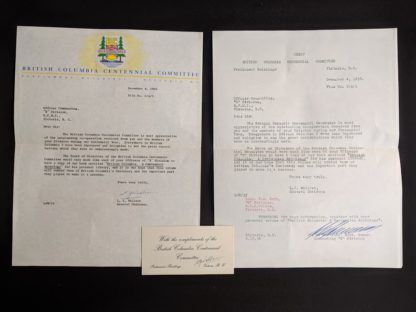 letter from the general chairman of the British Columbia Centennial Committee to the Victoria RCMP found inside a 1958 first edition copy of British Columbia -A Centennial Anthology