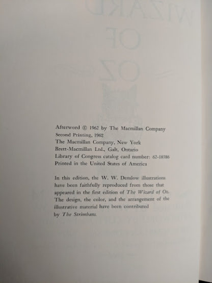 copyright inside a 1962 copy of The Wizard of Oz published by Macmillan Company with illustrations by Denslow