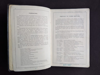 Forward page inside a 1941 copy of Steel Construction published by American Institute Of Steel Construction- third edition - fourth printing