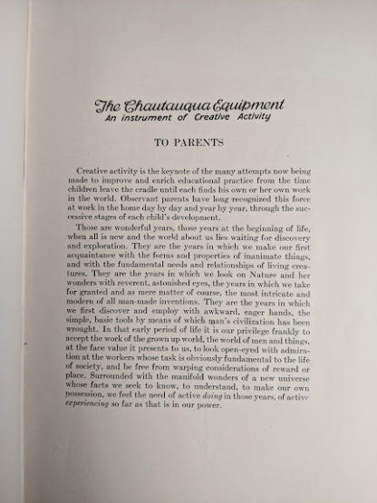 Note to Parents inside a 1926 copy of Master Book 1 - Beginning the Use of Tools and Materials Published by Lewis E Myers & Company