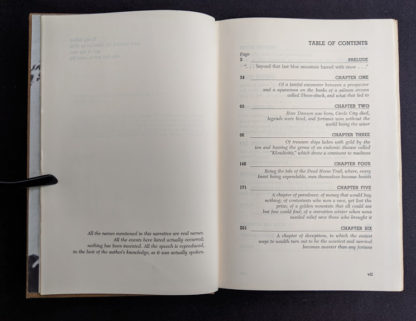 Table of Contents pg 1 of 2 inside a 1958 first edition copy of KLONDIKE - The Life and Death of the Last Great Gold Rush by Pierre Berton