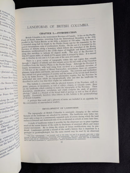 Chapter one inside a 1964 copy of Landforms of British Columbia - A Physiographical Outline by Stuart S. Holland