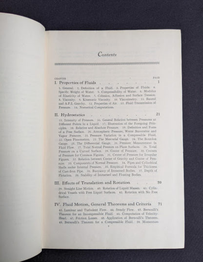 Contents page 1 of 4 inside a 1948 copy of Hydraulics by George Russell - 5th edition