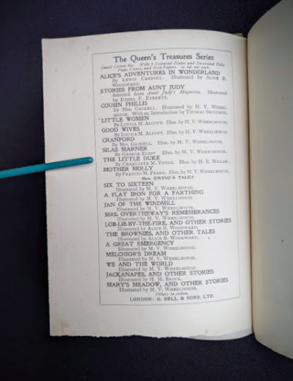 Other books in the series inside a 1915 copy of Marys Meadow and Other Tales of Field Flowers by Juliana Horatia Ewing