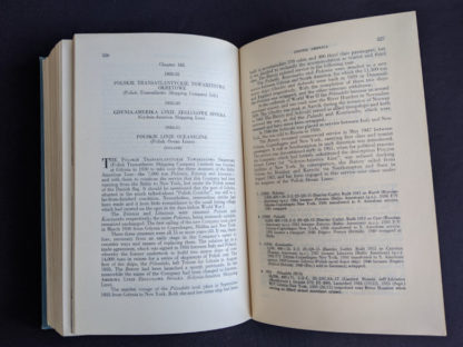 page 526 and 527 inside a 1955 copy of North Atlantic Seaway - an illustrated history of the passenger services linking the old world with the new
