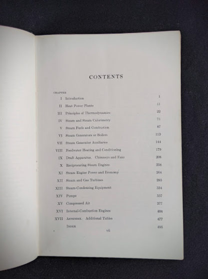 Contents page inside a 1948 copy of Steam, Air And Gas Power by Severns And Degler 4th Edition