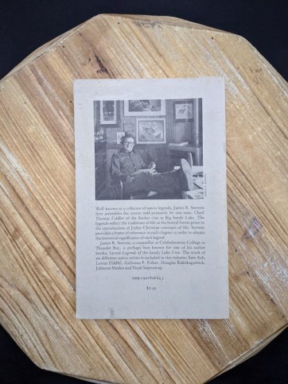 backside of a 1985 first edition copy of Legends from the Forest told by Thomas Fiddler - edited by James R Stevens