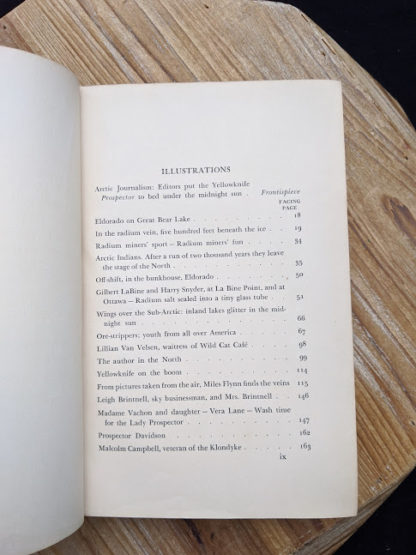 List of Illustrations page 1 of 2 inside a 1939 copy of North Again for Gold - Birth of Canadas Arctic Empire - ex Library copy