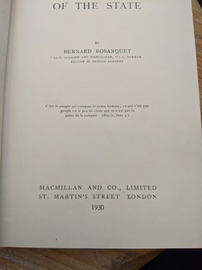 Title page up close inside a 1930 copy of The Philosophical Theory of the State by Bernard Bosanquet