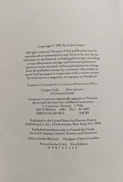 Copyright - 1981 One Unicorn written and illustrated by Gale Cooper - First Edition