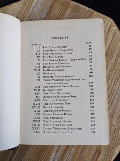 Table of Contents page 1 of 2 inside a 1932 copy of The Flying Carpet by Richard Halliburton - First Edition
