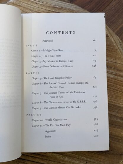 Contents page inside a 1944 copy of The Time for Decision by Sumner Welles - First Edition