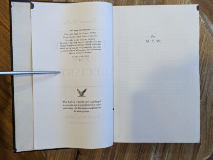 Copyright page inside a 1944 copy of The Time for Decision by Sumner Welles - First Edition