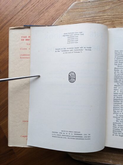 1949 The Handbook of British Birds - sixth impression - Volume 1 to 4 - copyright page