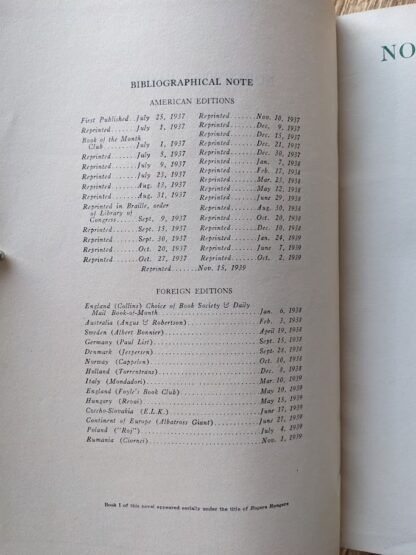 copyright page - 1939 Northwest Passage by Kenneth Roberts